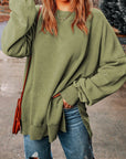 Dim Gray Dropped Shoulder Round Neck Long Sleeve Blouse