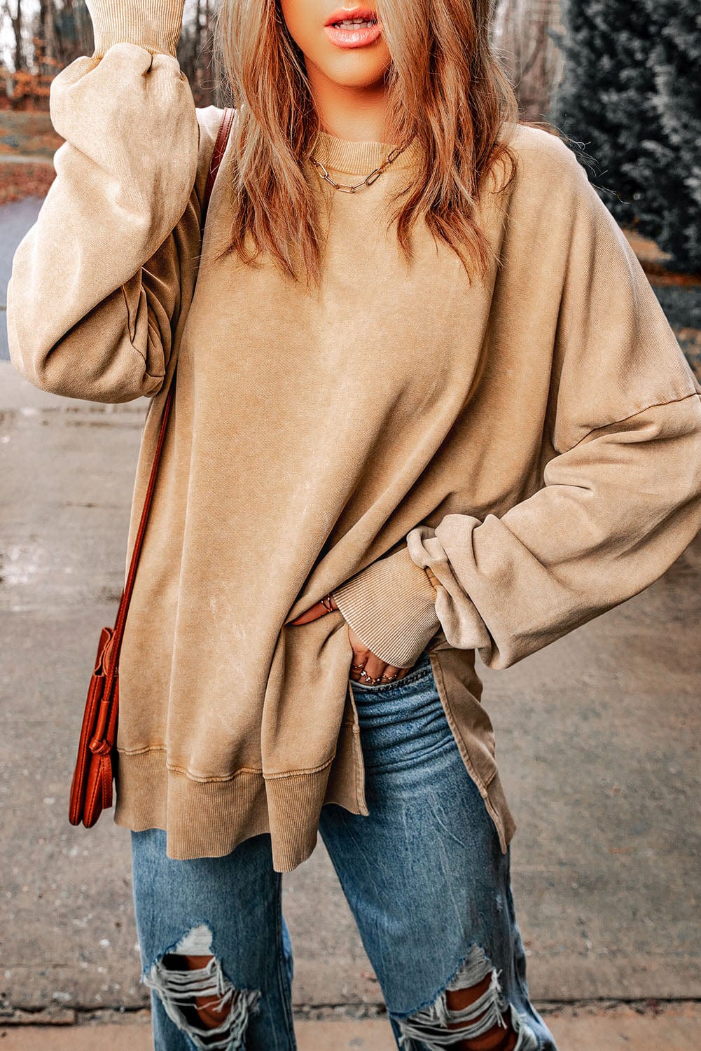 Rosy Brown Dropped Shoulder Round Neck Long Sleeve Blouse