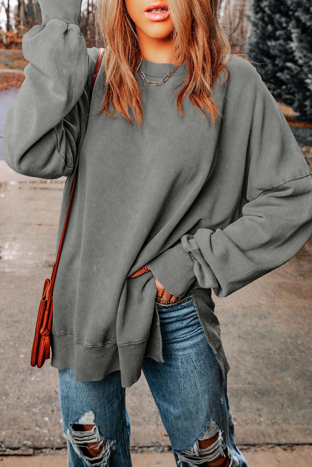 Dim Gray Dropped Shoulder Round Neck Long Sleeve Blouse