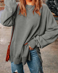 Dim Gray Dropped Shoulder Round Neck Long Sleeve Blouse