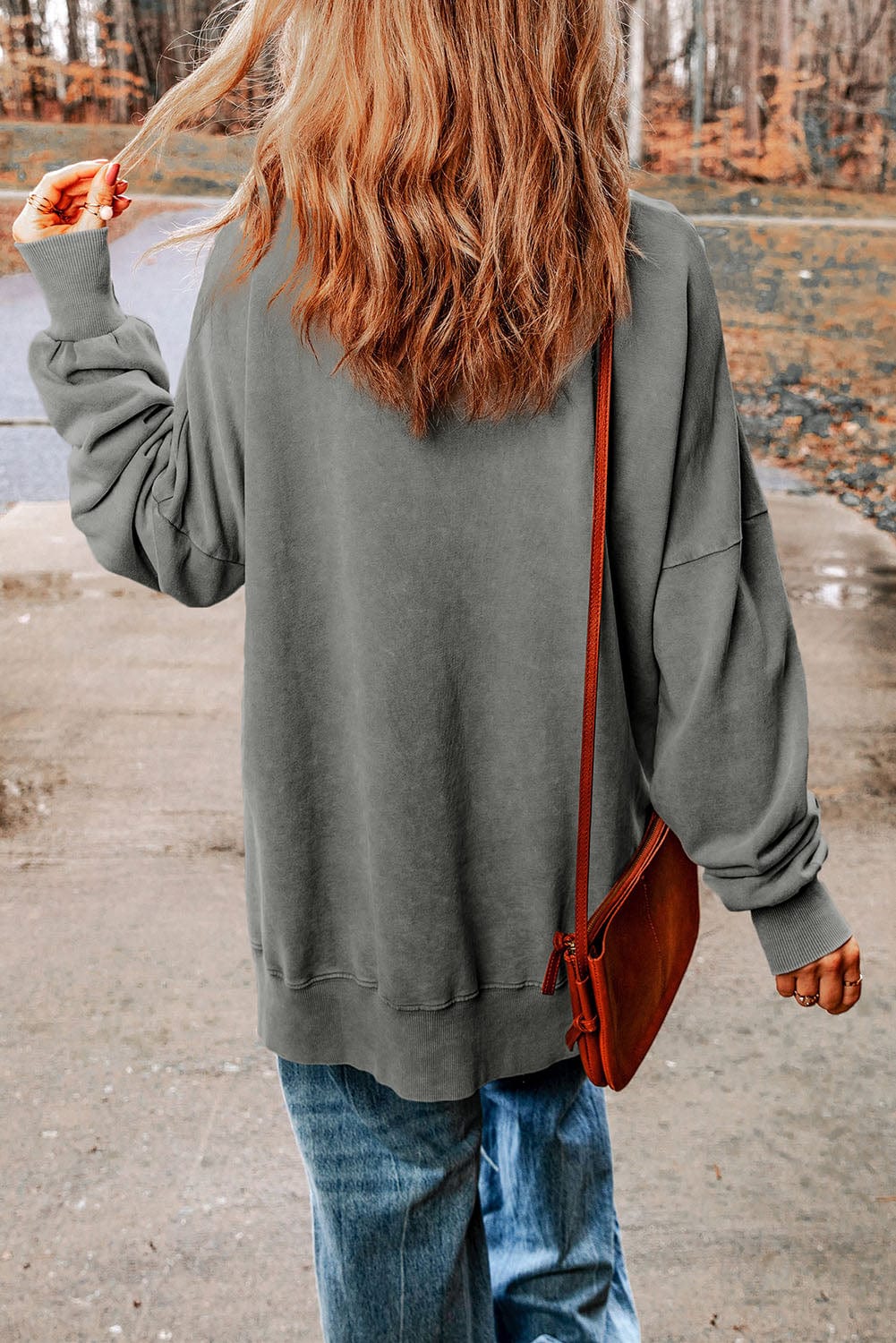 Light Slate Gray Dropped Shoulder Round Neck Long Sleeve Blouse