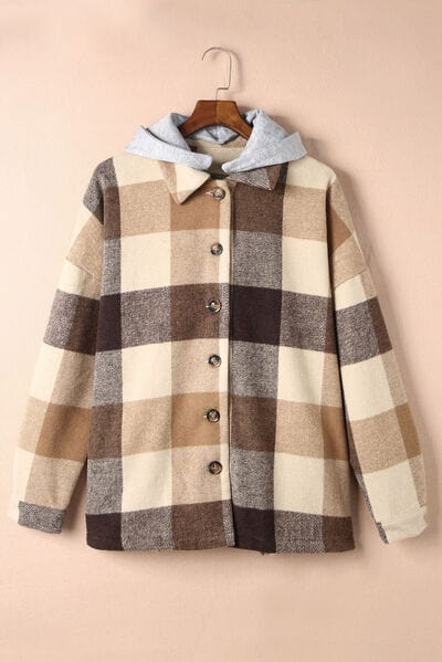 Wheat Button Up Plaid Hooded Jacket