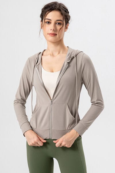 Light Gray Drawstring Zip Up Hooded Active Outerwear