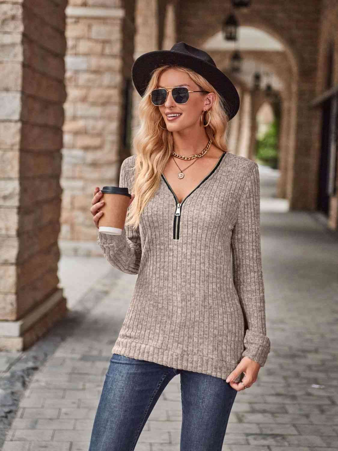 Slate Gray Half-Zip V-Neck Long Sleeve Top