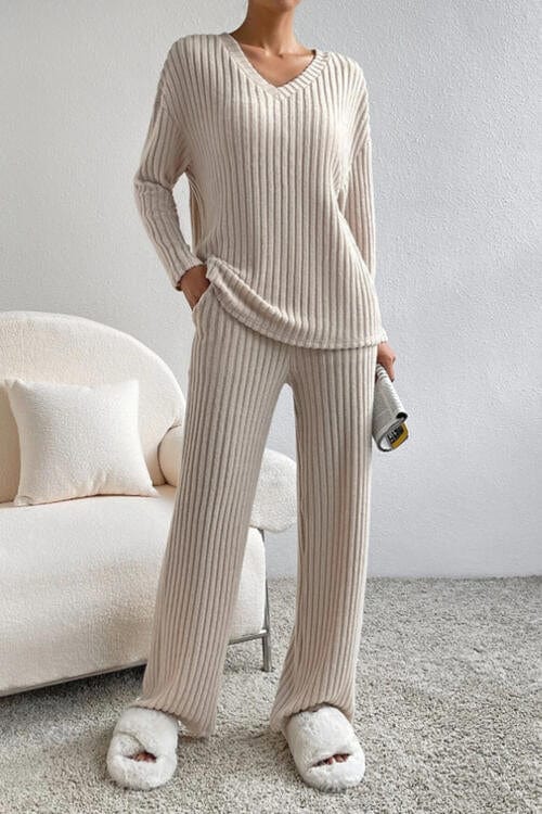 Gray Ribbed V-Neck Top and Pants Set