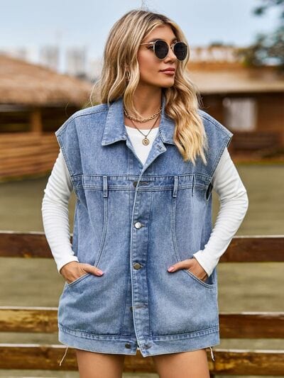 Light Slate Gray Button Up Collared Neck Sleeveless Denim Jacket