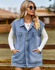 Light Slate Gray Button Up Collared Neck Sleeveless Denim Jacket