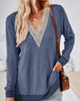 Dark Slate Gray Crochet Contrast V-Neck Long Sleeve Slit T-Shirt