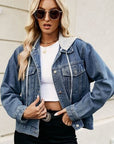 Light Gray Drawstring Hooded Button Up Denim Jacket