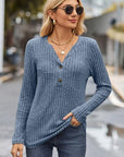 Dim Gray Ribbed Half Button Long Sleeve Knit Top