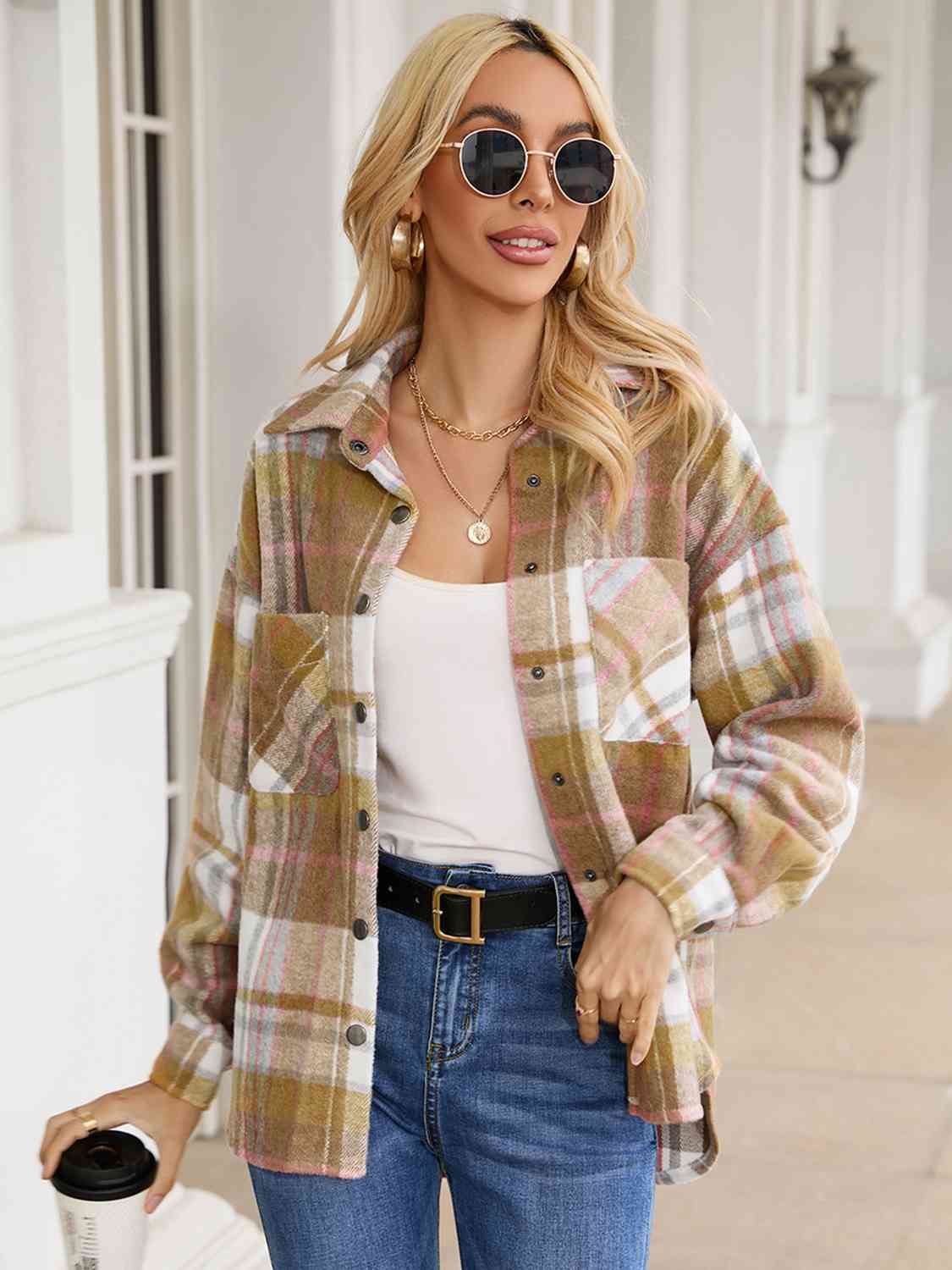 Gray Snap Up Plaid Collared Neck Jacket with Pocket