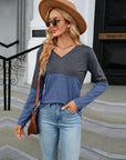 Slate Gray V-Neck Long Sleeve Two-Tone T-Shirt