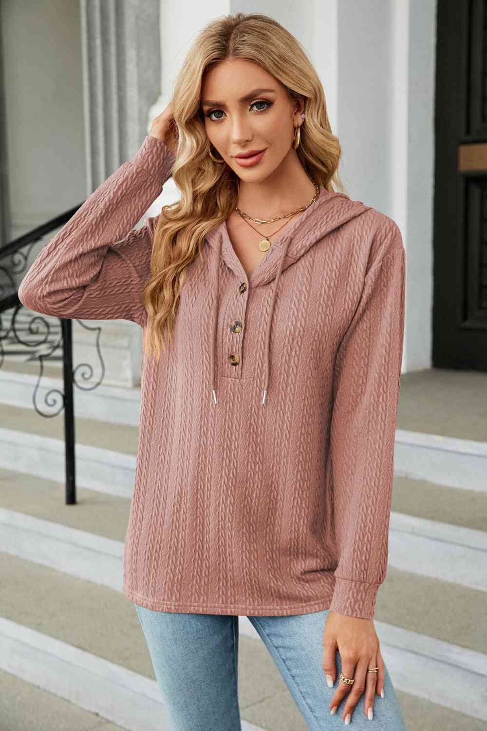 Rosy Brown Cable-Knit Long Sleeve Hoodie