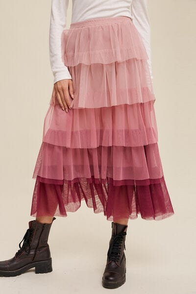 Light Gray Elastic Waist Layered Tulle Midi Skirt