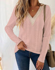 Gray Eyelet V-Neck Dropped Shoulder T-Shirt