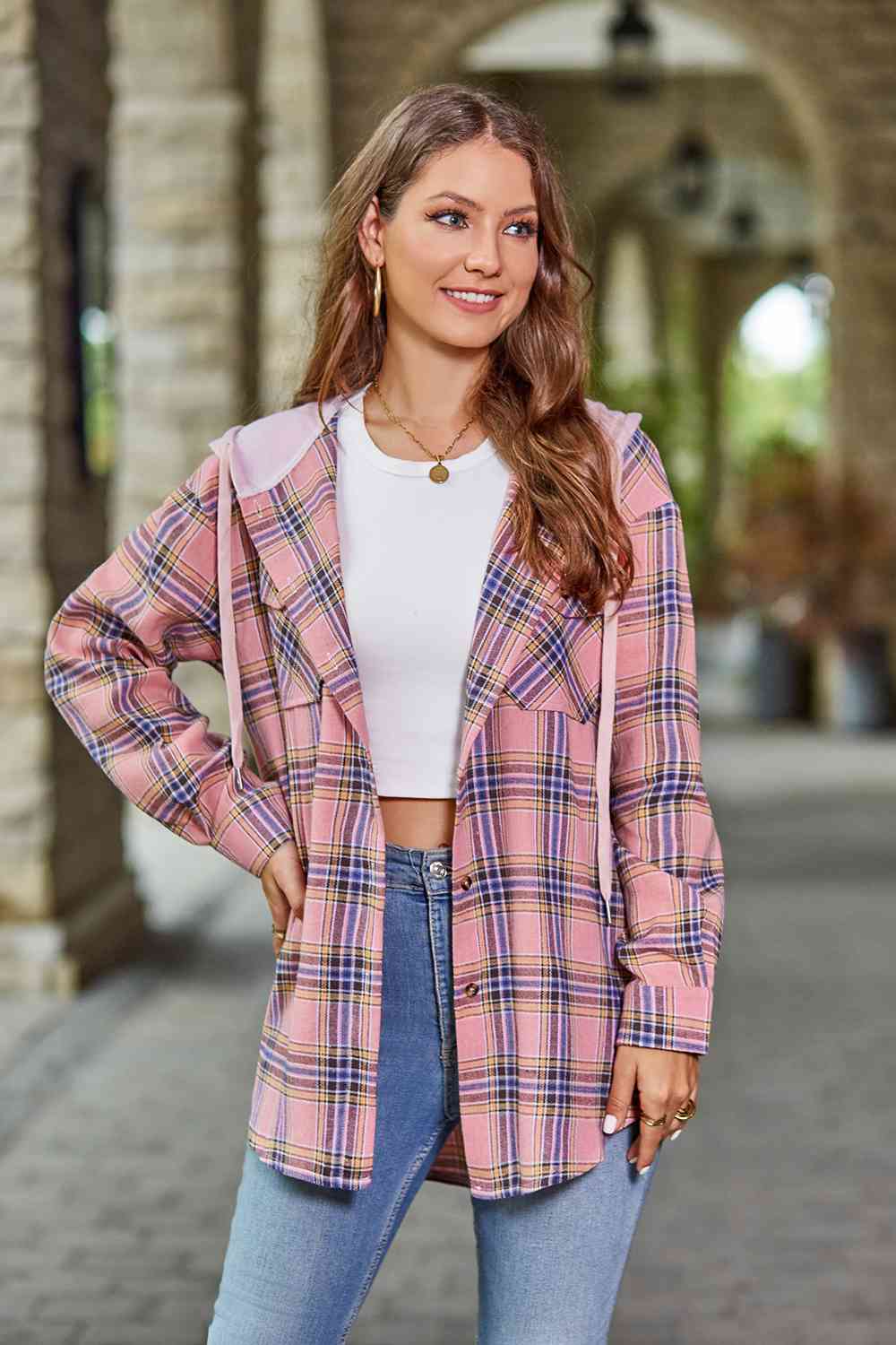 Dim Gray Plaid Long Sleeve Hooded Jacket