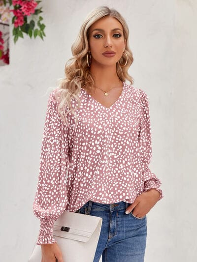 Light Gray Printed V-Neck Lantern Sleeve Blouse