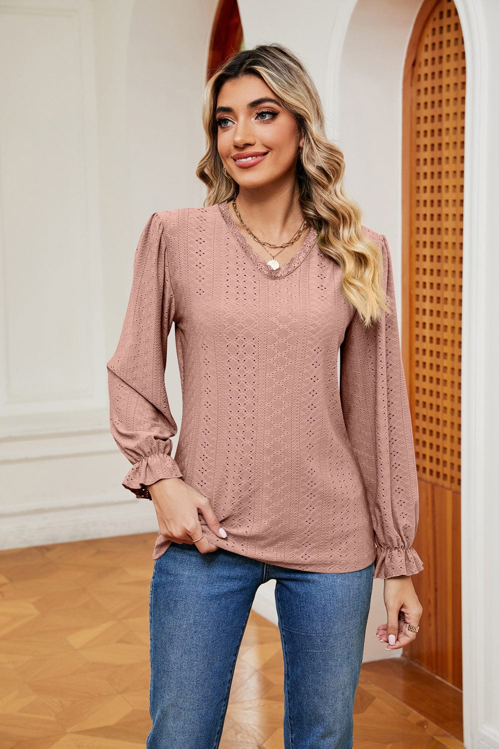 Tan V-Neck Flounce Sleeve Blouse