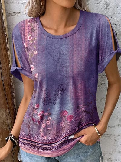 Dim Gray Printed Round Neck Short Sleeve T-Shirt