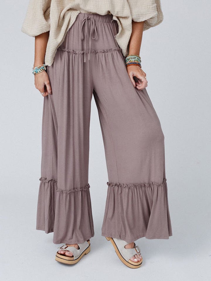 Gray Wide Leg Ruffle Trim Pants