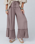 Gray Wide Leg Ruffle Trim Pants