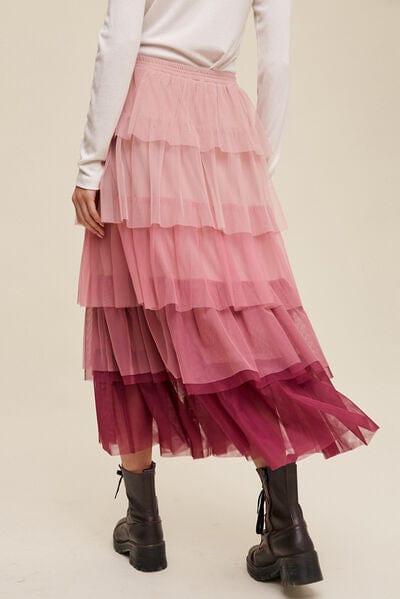 Gray Elastic Waist Layered Tulle Midi Skirt