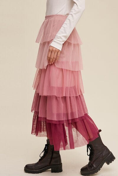 Light Gray Elastic Waist Layered Tulle Midi Skirt