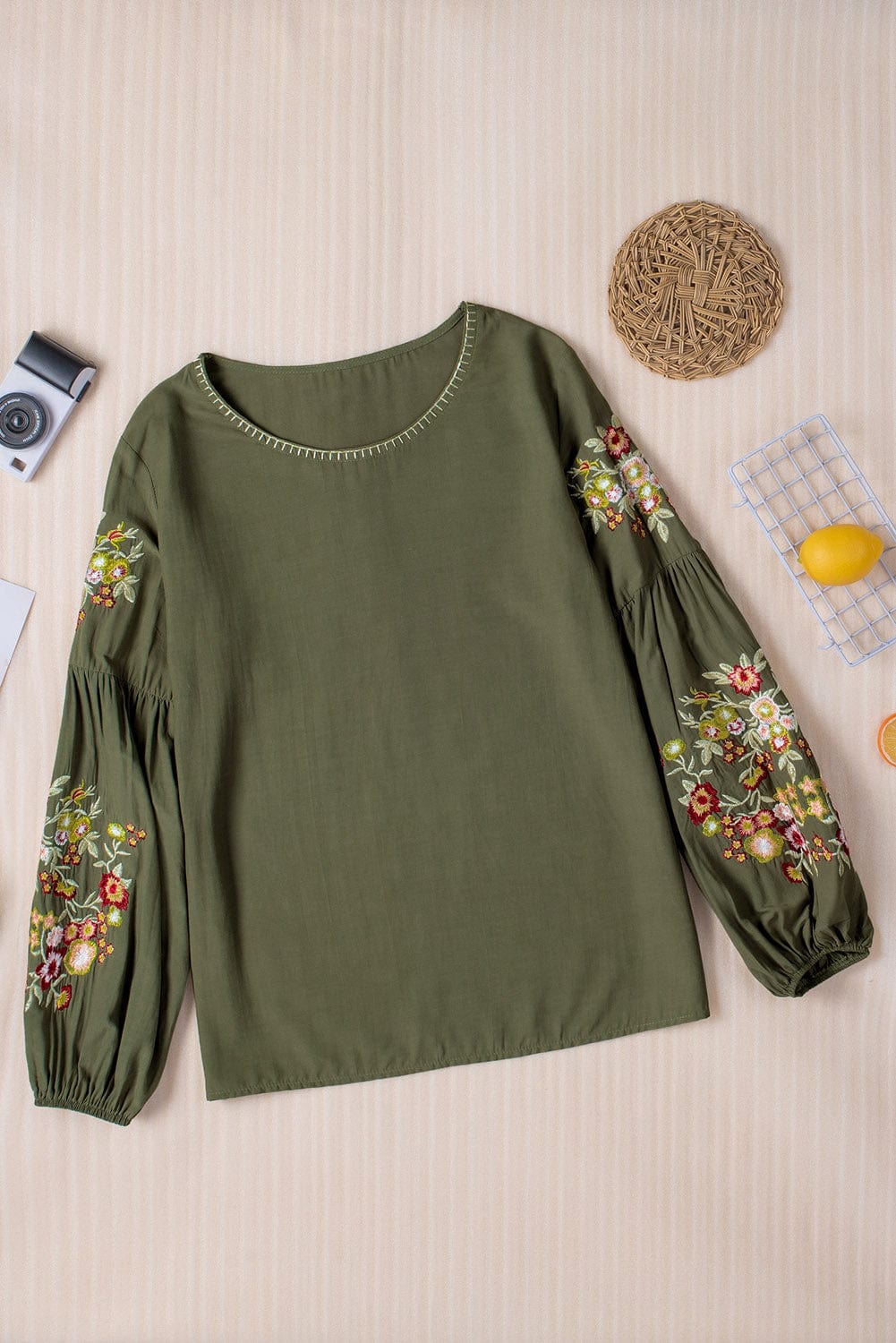 Light Gray Embroidered Round Neck Balloon Sleeve T-Shirt