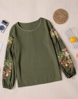 Light Gray Embroidered Round Neck Balloon Sleeve T-Shirt