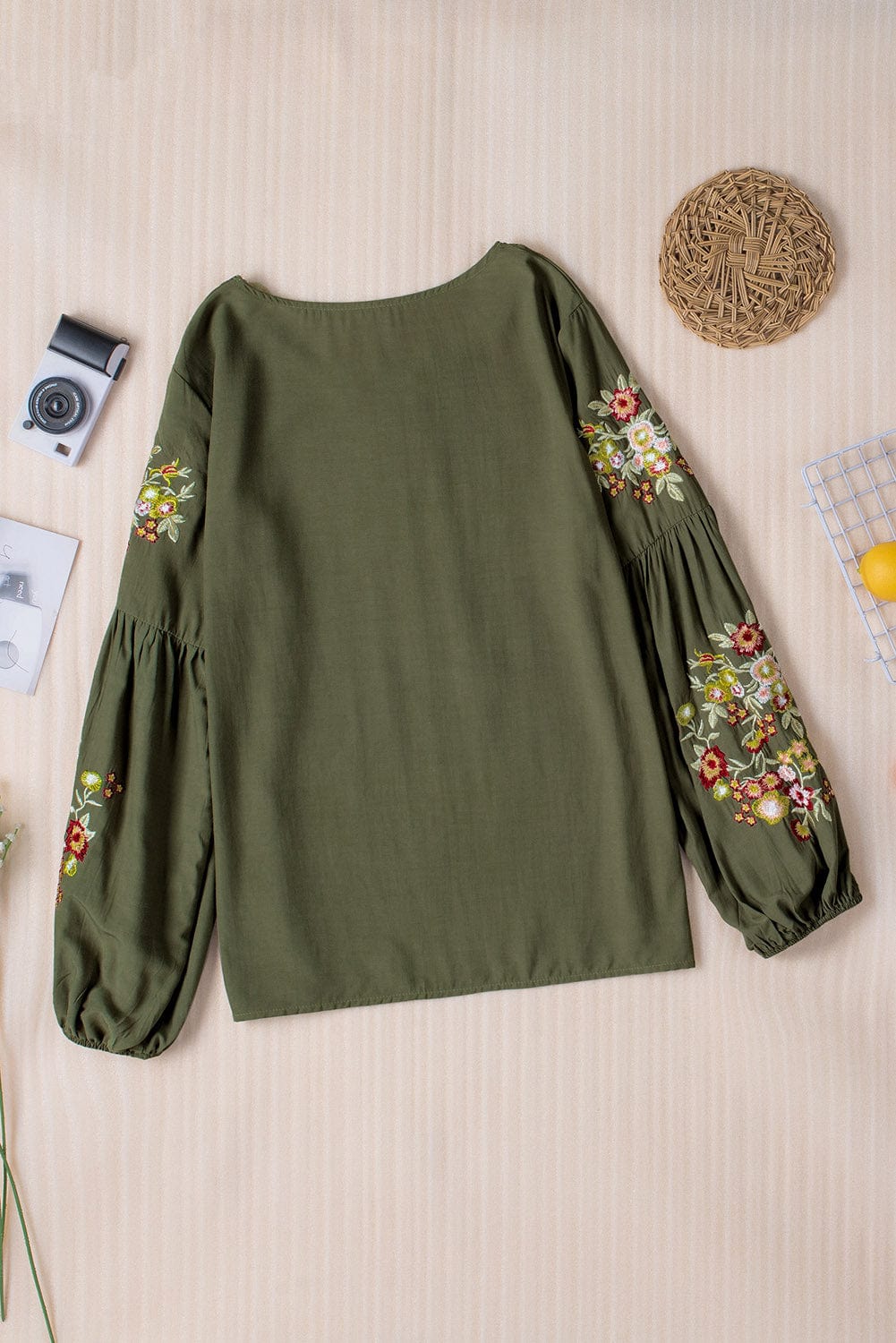 Dark Olive Green Embroidered Round Neck Balloon Sleeve T-Shirt