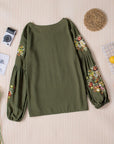 Dark Olive Green Embroidered Round Neck Balloon Sleeve T-Shirt