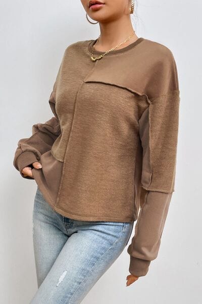 Gray Exposed Seam Round Neck Long Sleeve Sweatshirt