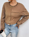 Rosy Brown Exposed Seam Round Neck Long Sleeve Sweatshirt