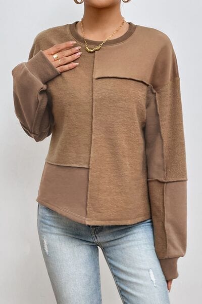 Dim Gray Exposed Seam Round Neck Long Sleeve Sweatshirt