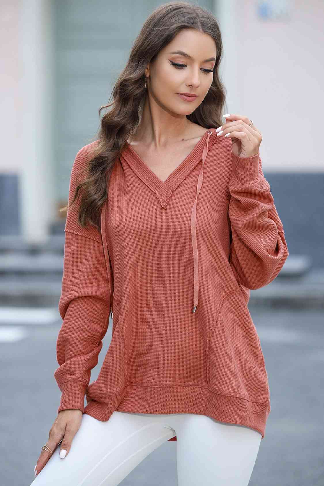 Rosy Brown Exposed Seam V-Neck Drawstring Hoodie