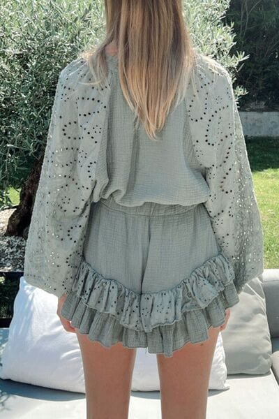 Light Slate Gray Eyelet Half Button Top and Shorts Set