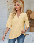 Tan Eyelet Notched Half Sleeve T-Shirt