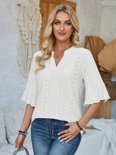 Gray Eyelet Notched Half Sleeve T-Shirt