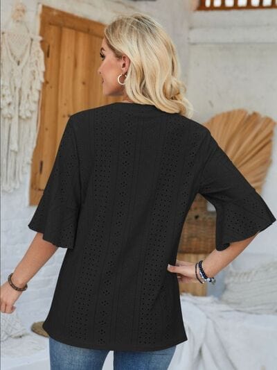 Dark Gray Eyelet Notched Half Sleeve T-Shirt