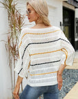 Gray Eyelet Striped Round Neck Knit Top