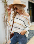 Gray Eyelet Striped Round Neck Knit Top