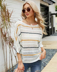 Gray Eyelet Striped Round Neck Knit Top