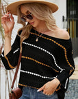 Gray Eyelet Striped Round Neck Knit Top