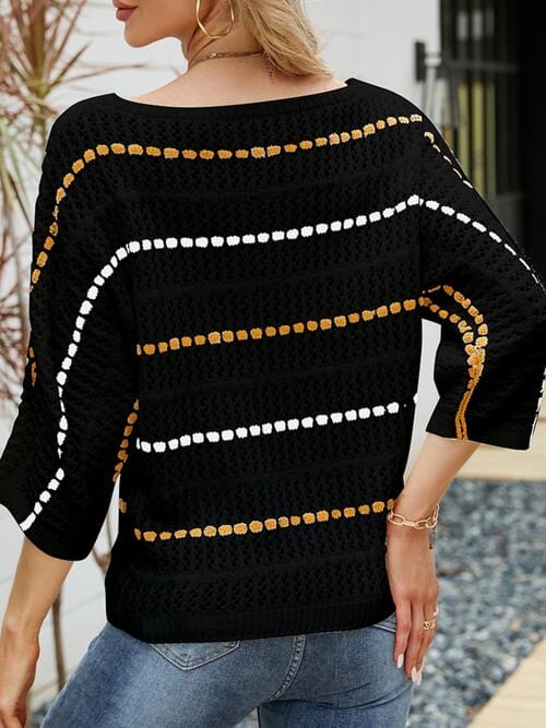 Black Eyelet Striped Round Neck Knit Top