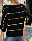 Black Eyelet Striped Round Neck Knit Top