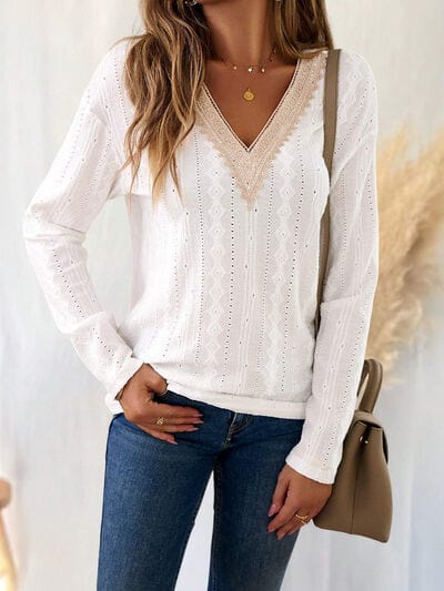 Light Gray Eyelet V-Neck Dropped Shoulder T-Shirt