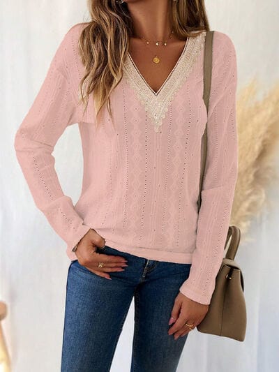 Gray Eyelet V-Neck Dropped Shoulder T-Shirt