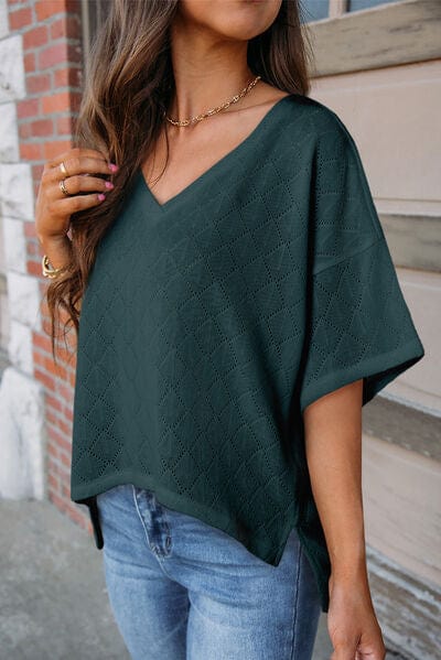 Dark Slate Gray Eyelet V-Neck Dropped Shoulder T-Shirt