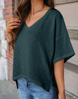 Dark Slate Gray Eyelet V-Neck Dropped Shoulder T-Shirt