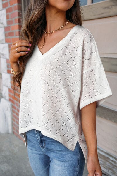 Gray Eyelet V-Neck Dropped Shoulder T-Shirt